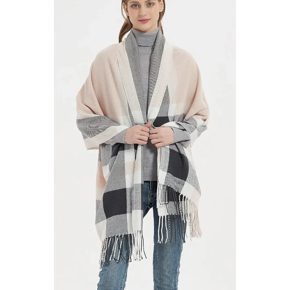 Women's Grey Pink Fashion Long Shawl Big Grid Winter Warm Lattice Large Scarf